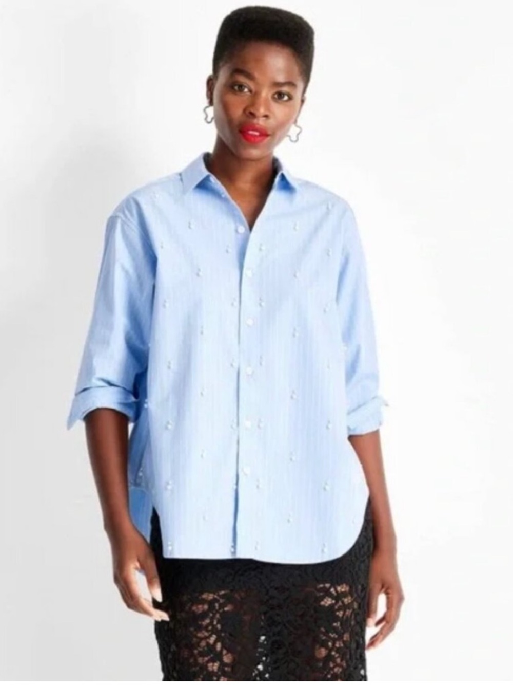 Future Collective Asymmetrical Embellished Pearl Button Down Shirt